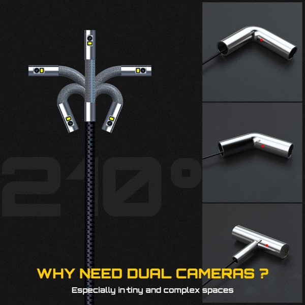 5'' Screen Dual-Lens Articulating Borescope, 6.5mm Slim Probe, 210° Two-Way Rotate Industrial Endoscope
