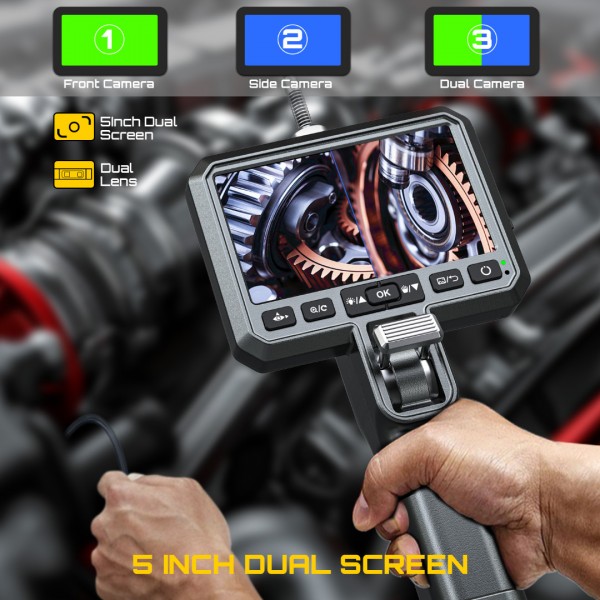 5'' Screen Dual-Lens Articulating Borescope, 6.5mm Slim Probe, 210° Two-Way Rotate Industrial Endoscope