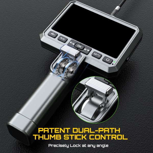 5'' Screen Dual-Lens Articulating Borescope, 6.5mm Slim Probe, 210° Two-Way Rotate Industrial Endoscope